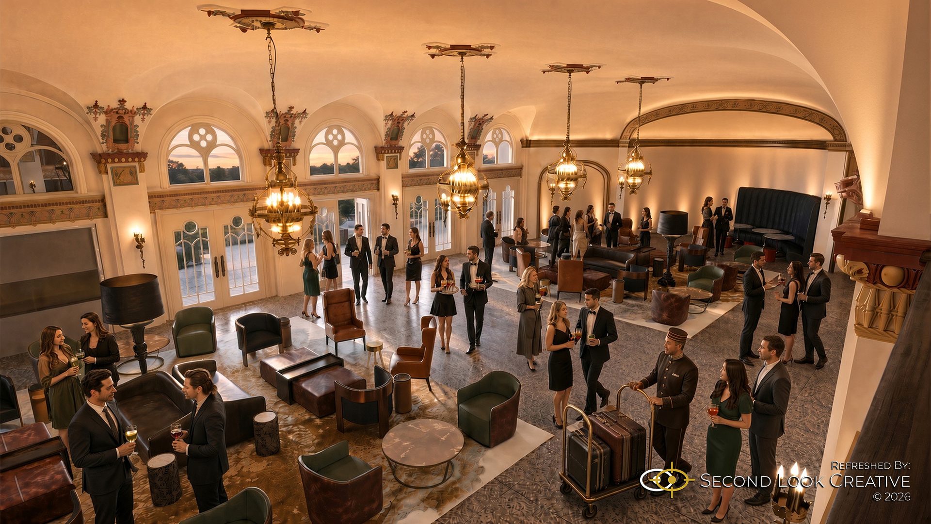 Baker Hotel and Spa, refreshed overhead view of the grand lobby with guests