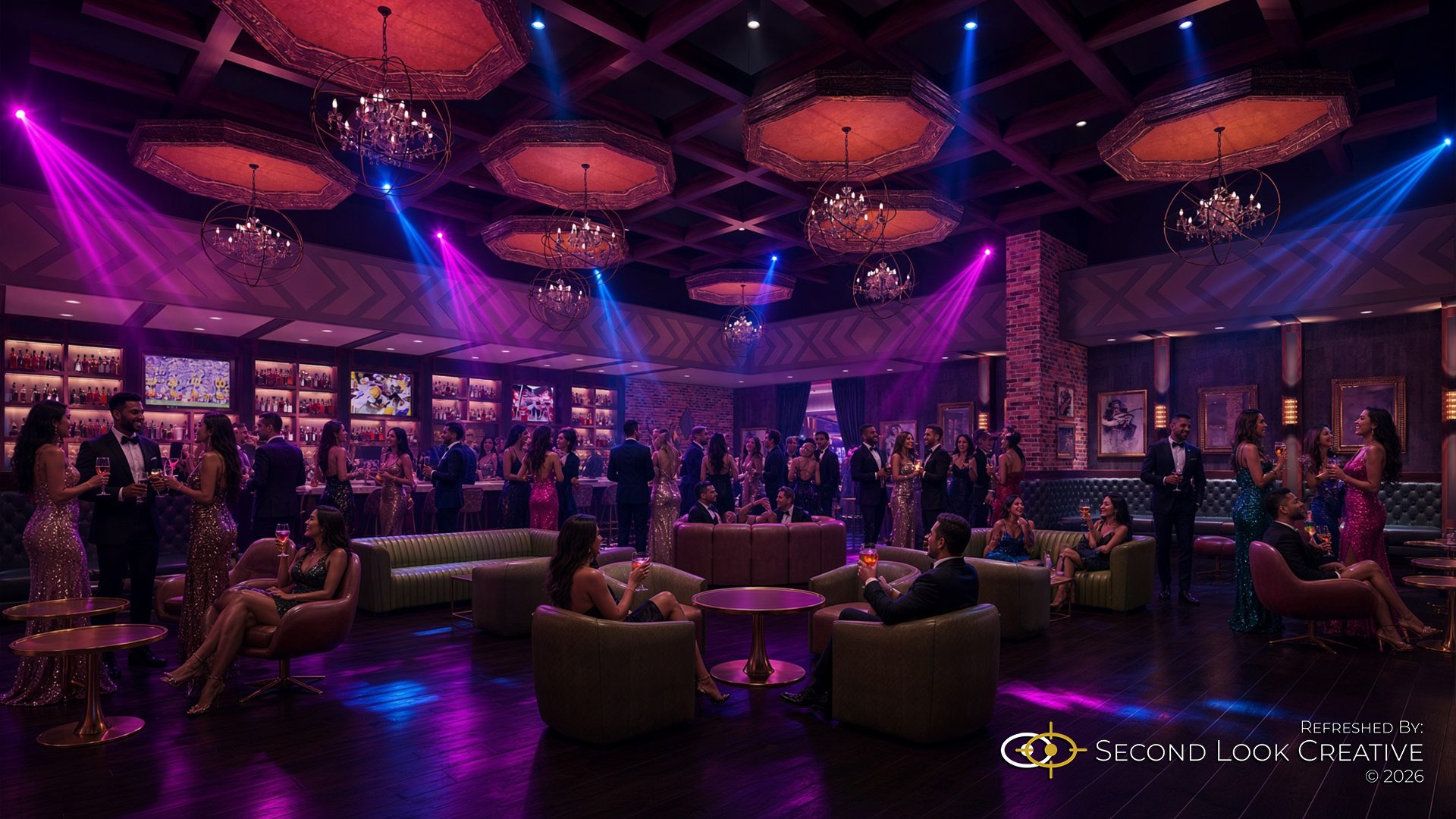 The Edge Bar at Lâ€™Auberge, refreshed lounge view with a full crowd and stage lighting