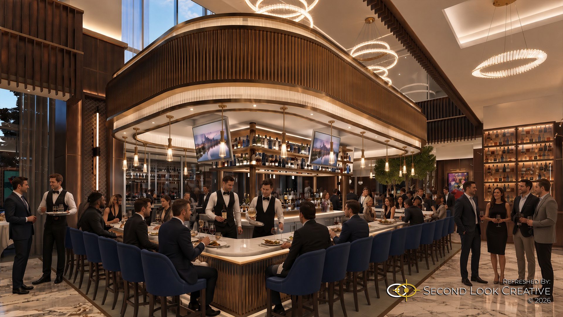 Mack Allenâ€™s, refreshed oval bar with a full evening crowd
