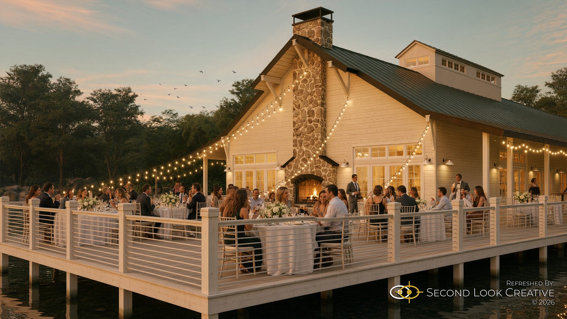Owl's Nest White Mountains, refreshed Lakehouse deck at golden hour with dinner set under string lights